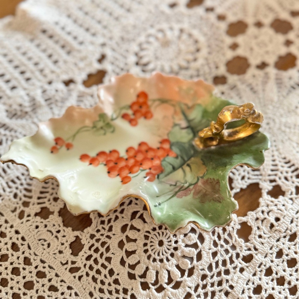 Antique‎ M.Z. Austria Hand Painted Porcelain Leaf Nappy Dish Berry Motif